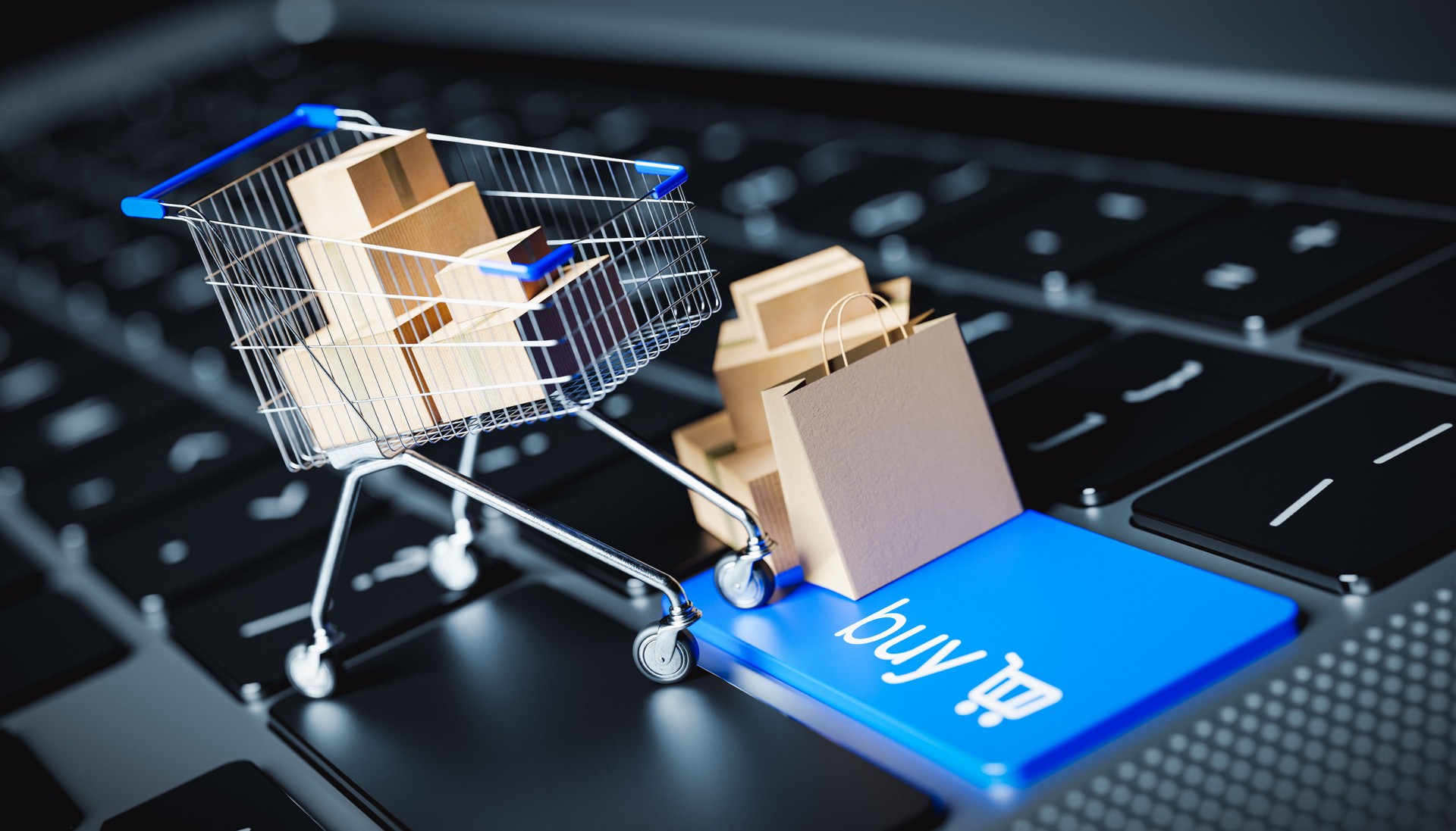 A shopping cart filled with items stands on a laptop keyboard with a buy button. internet shopping concept - 3D render